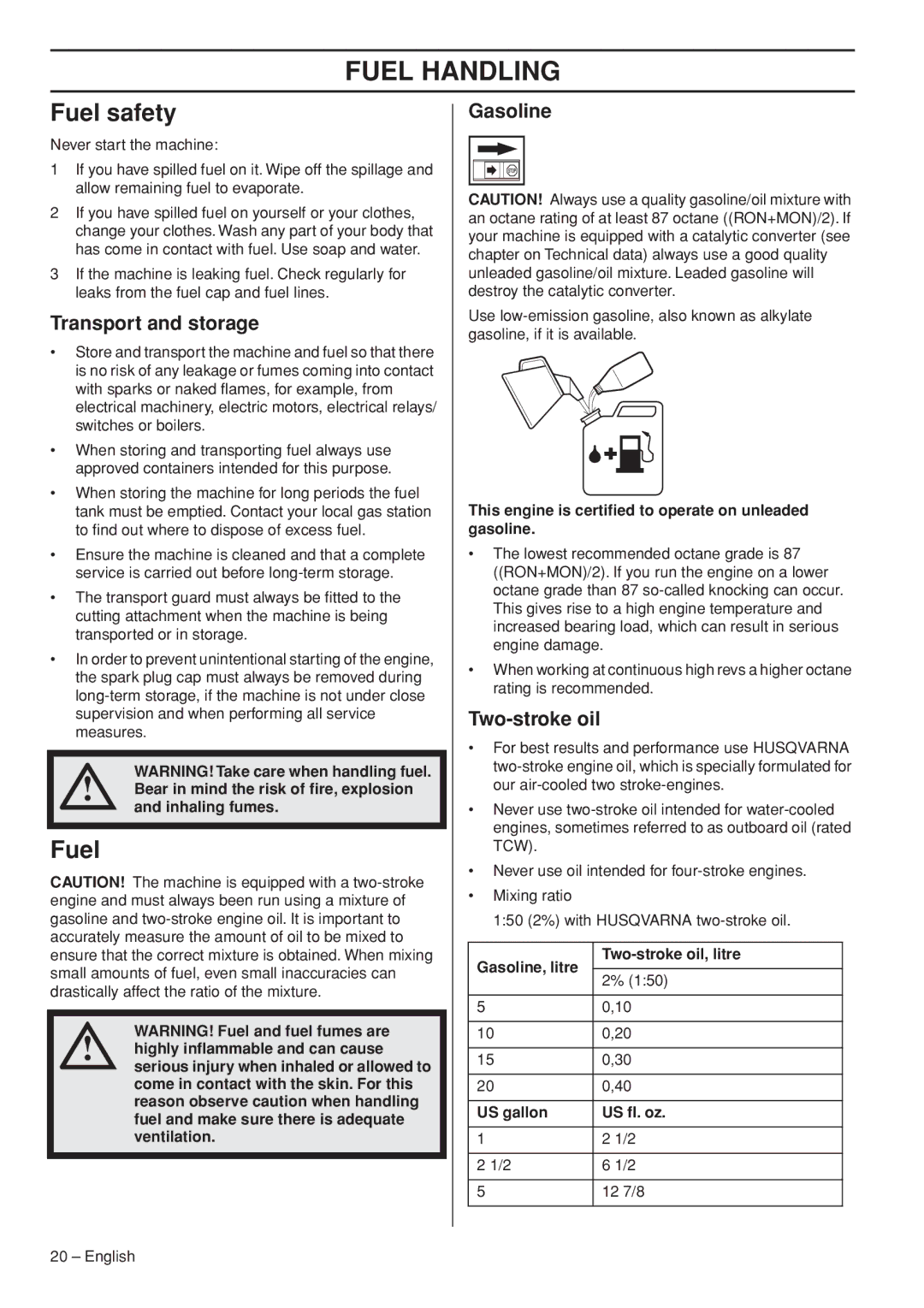 Husqvarna 1151187-95 manual Fuel Handling, Fuel safety 