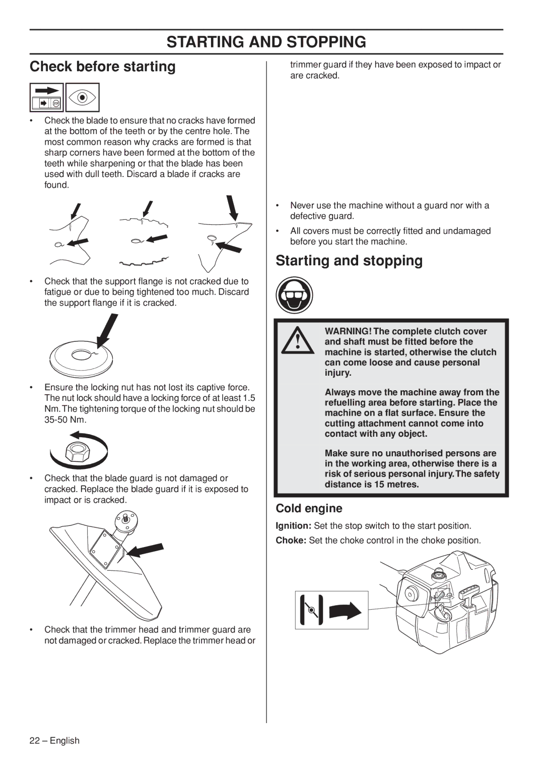 Husqvarna 1151187-95 manual Starting and Stopping, Check before starting, Starting and stopping, Cold engine 