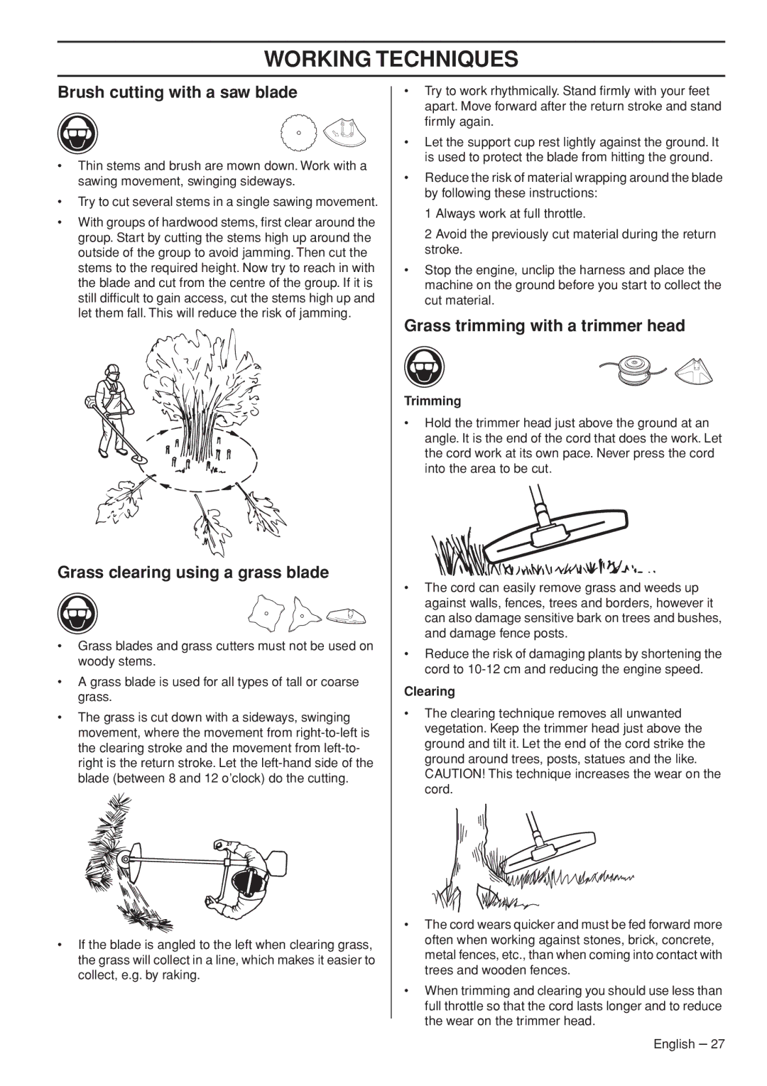 Husqvarna 1151187-95 manual Brush cutting with a saw blade, Grass clearing using a grass blade, Trimming, Clearing 