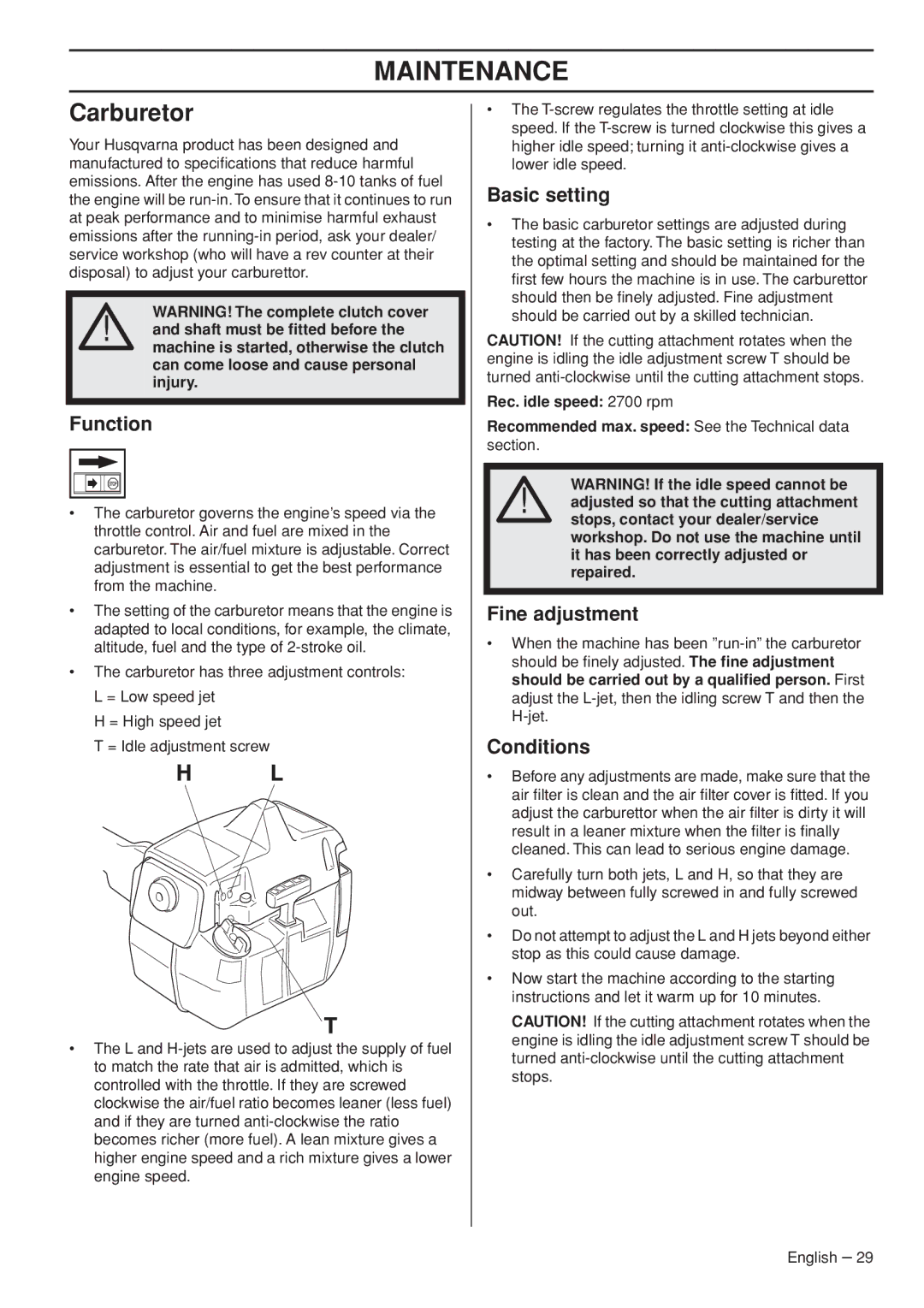 Husqvarna 1151187-95 manual Maintenance, Carburetor 