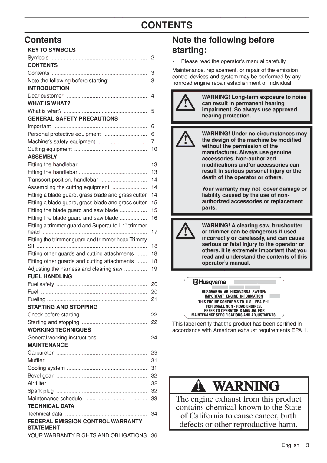 Husqvarna 1151187-95 manual Contents 