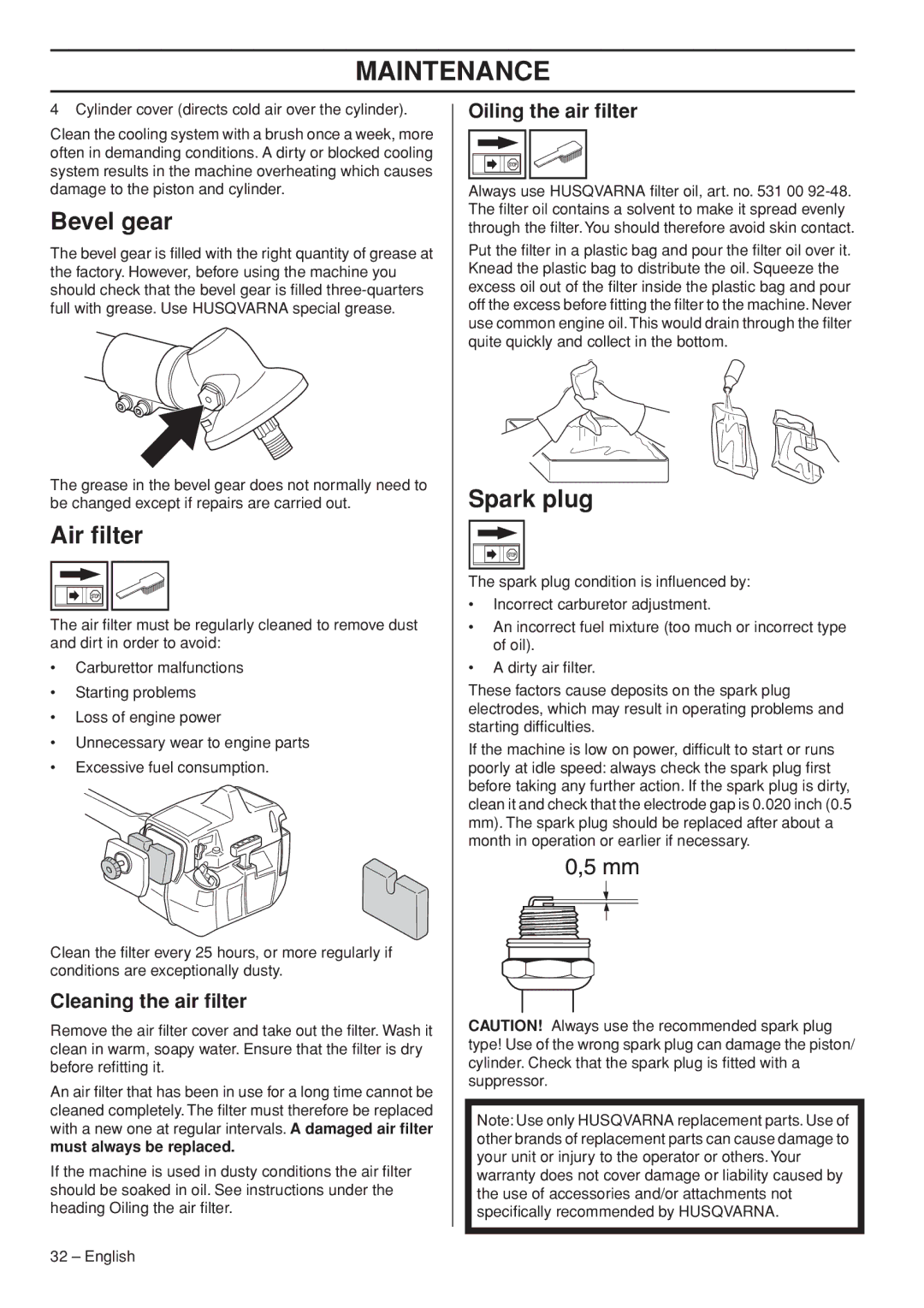 Husqvarna 1151187-95 manual Bevel gear, Air ﬁlter, Spark plug, Cleaning the air ﬁlter, Oiling the air ﬁlter 