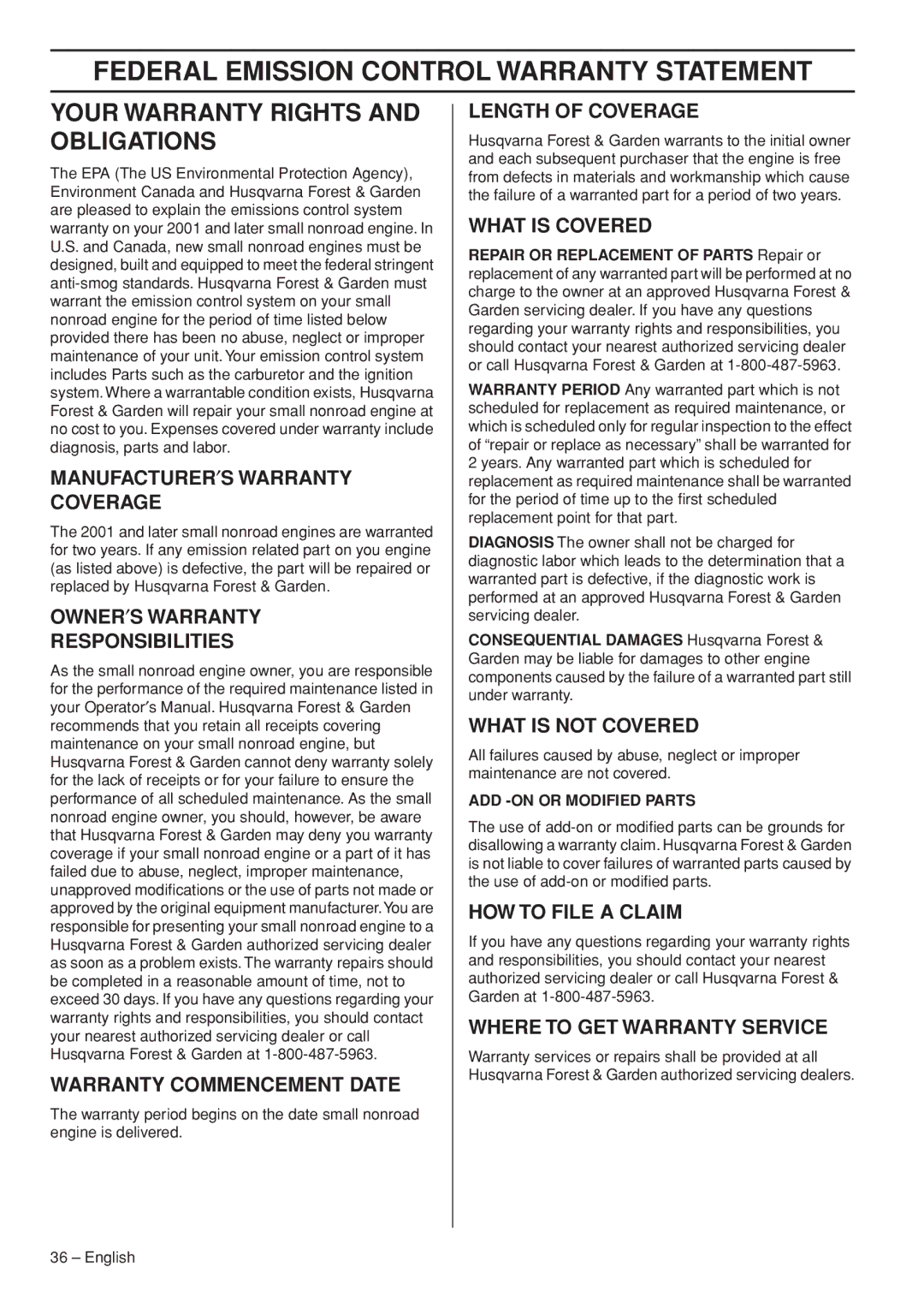 Husqvarna 1151187-95 manual Federal Emission Control Warranty Statement, Your Warranty Rights and Obligations 