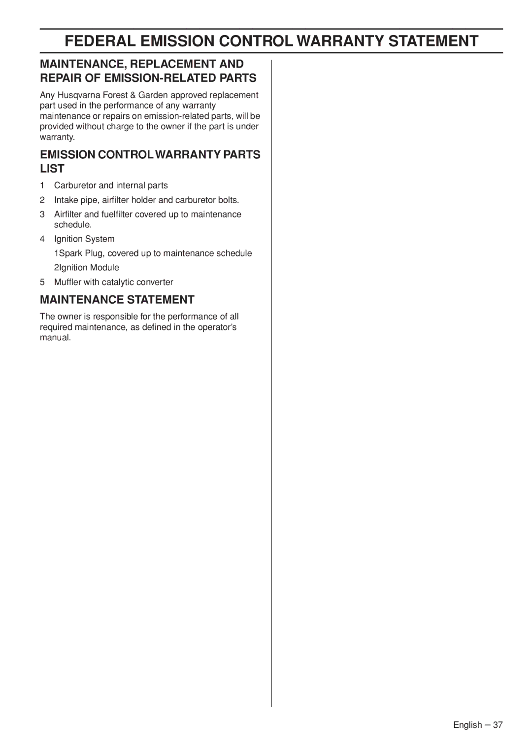 Husqvarna 1151187-95 manual MAINTENANCE, Replacement Repair of EMISSION-RELATED Parts 