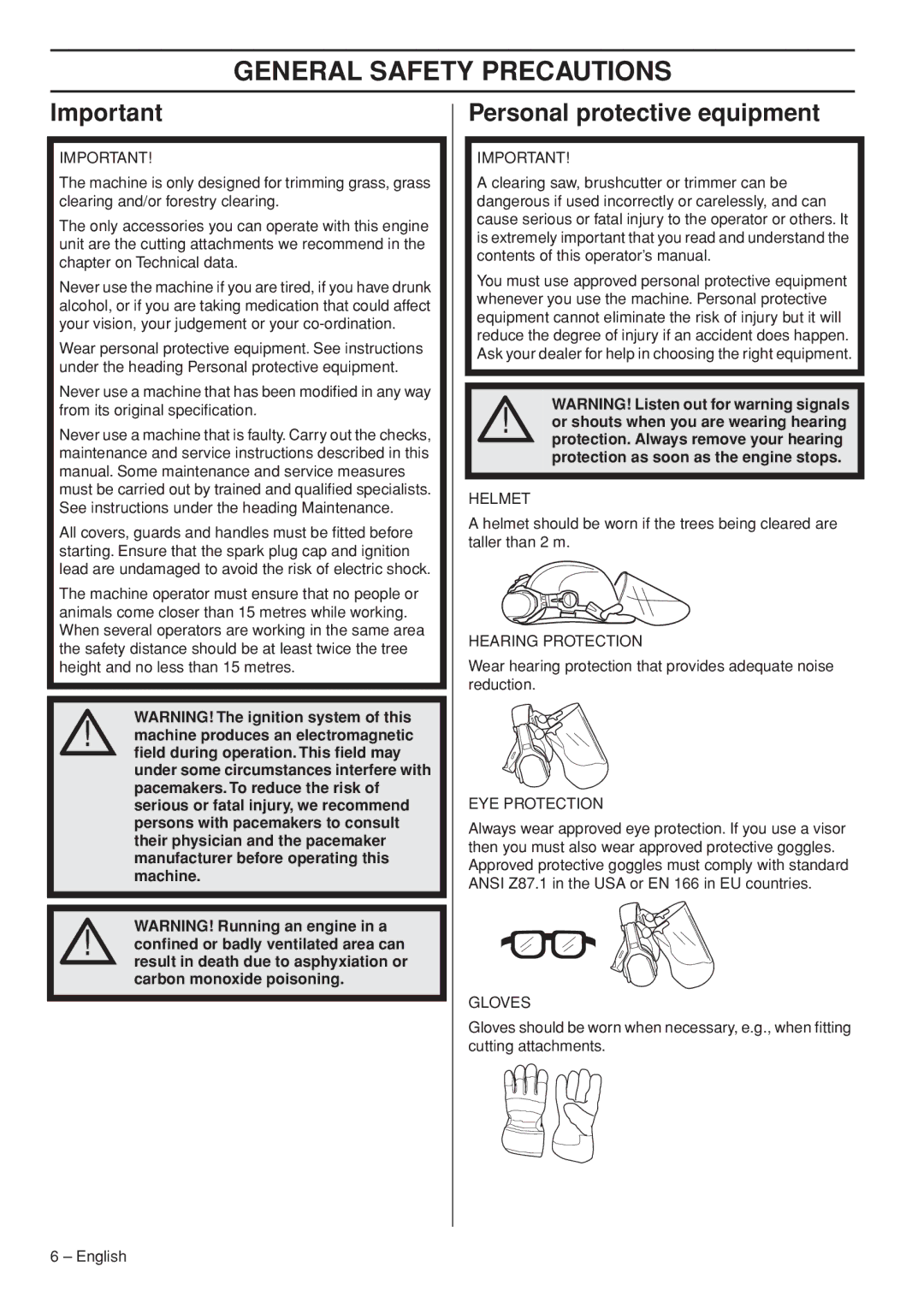 Husqvarna 1151187-95 manual General Safety Precautions, Personal protective equipment 