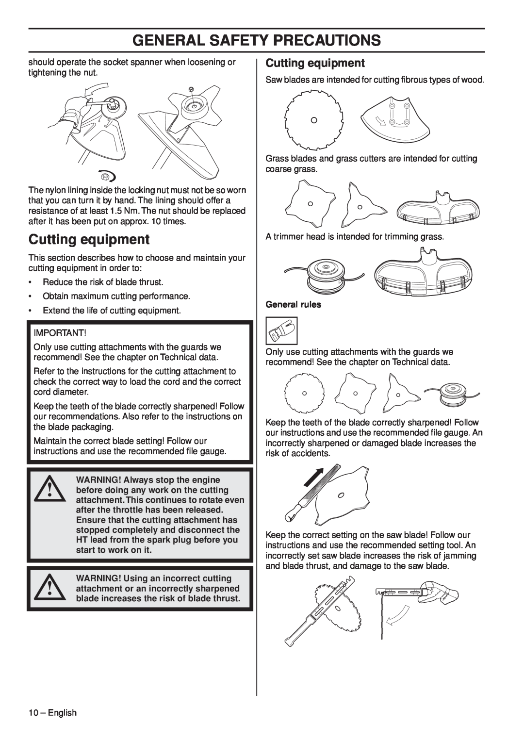 Husqvarna 1151187-95 manual Cutting equipment, WARNING! Always stop the engine, WARNING! Using an incorrect cutting 