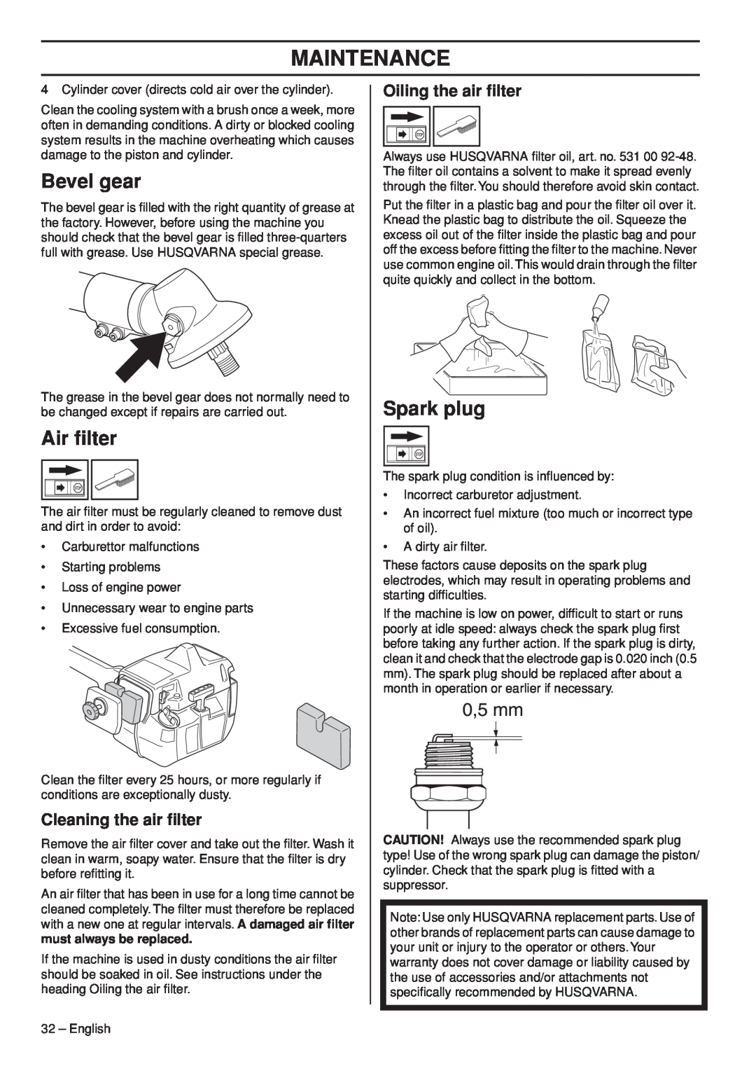 Husqvarna 1151187-95 manual Bevel gear, Air ﬁlter, Spark plug, Cleaning the air ﬁlter, Oiling the air ﬁlter, Maintenance 