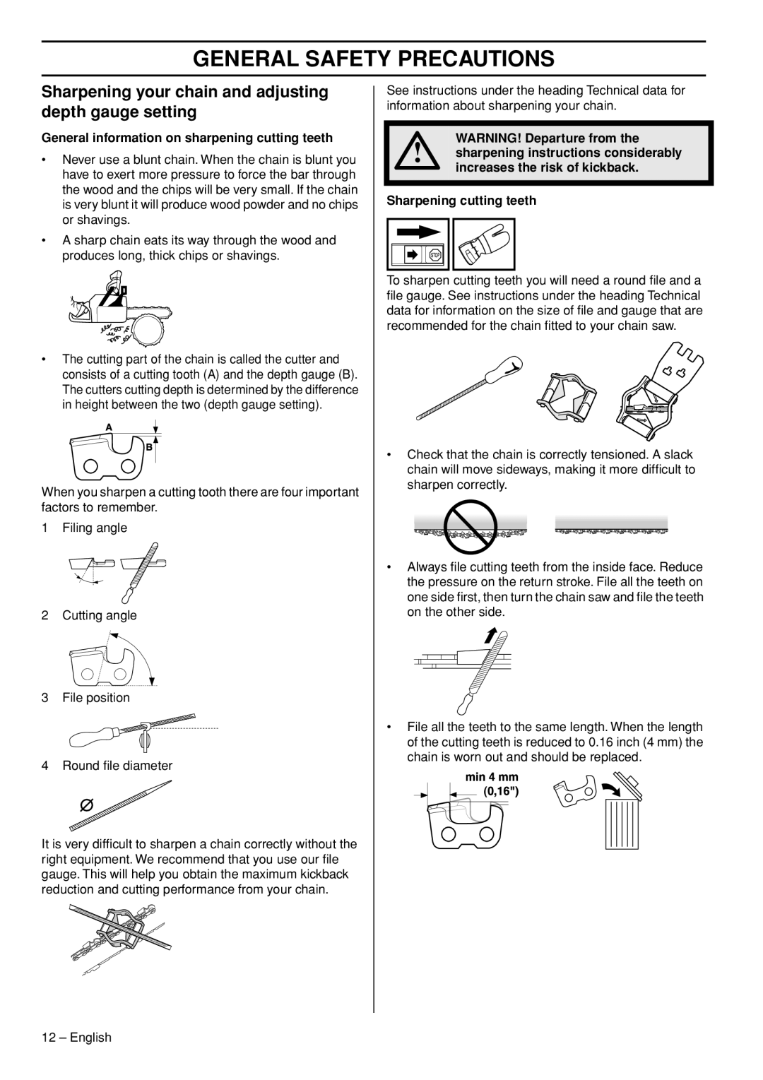 Husqvarna 1151322-95 manual Sharpening your chain and adjusting depth gauge setting 