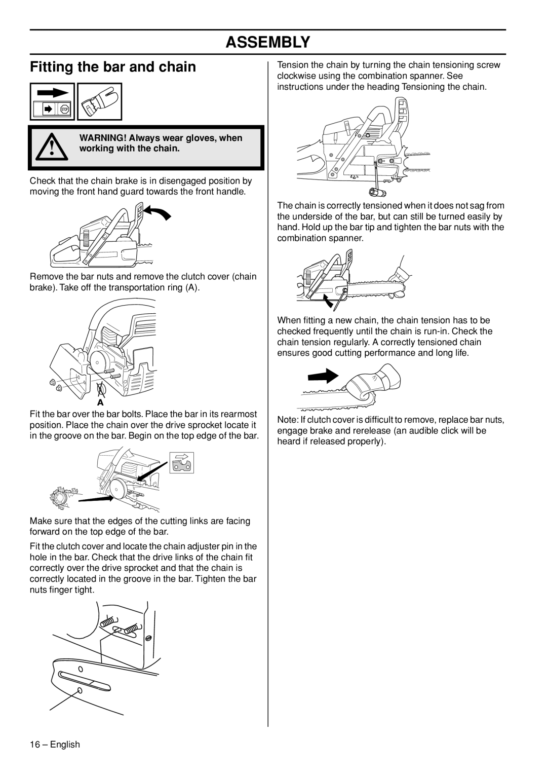 Husqvarna 1151322-95 manual Assembly, Fitting the bar and chain, Working with the chain 