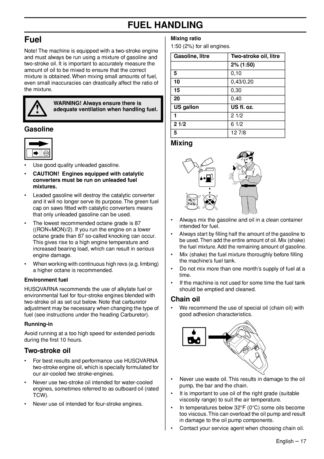 Husqvarna 1151322-95 manual Fuel Handling 