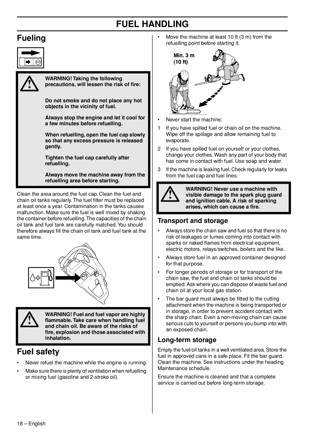 Husqvarna 1151322-95 manual Fueling, Fuel safety, Transport and storage, Long-term storage 