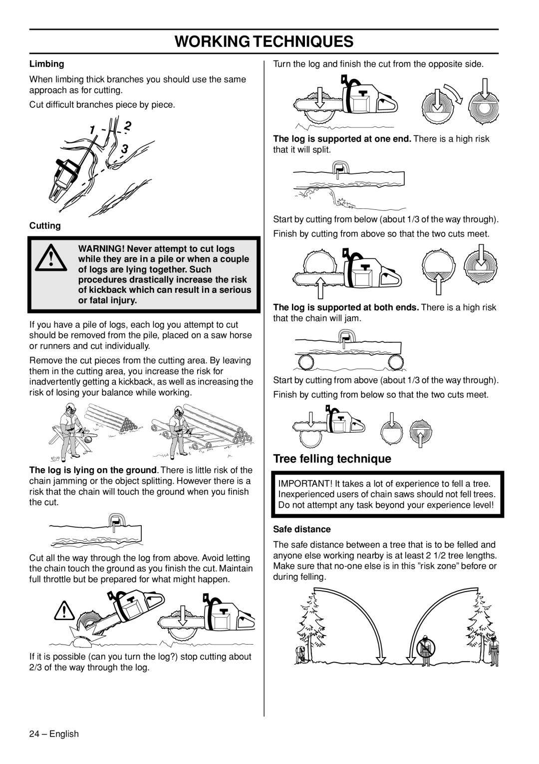 Husqvarna 1151322-95 Tree felling technique, Limbing, Log is supported at one end. There is a high risk, Safe distance 