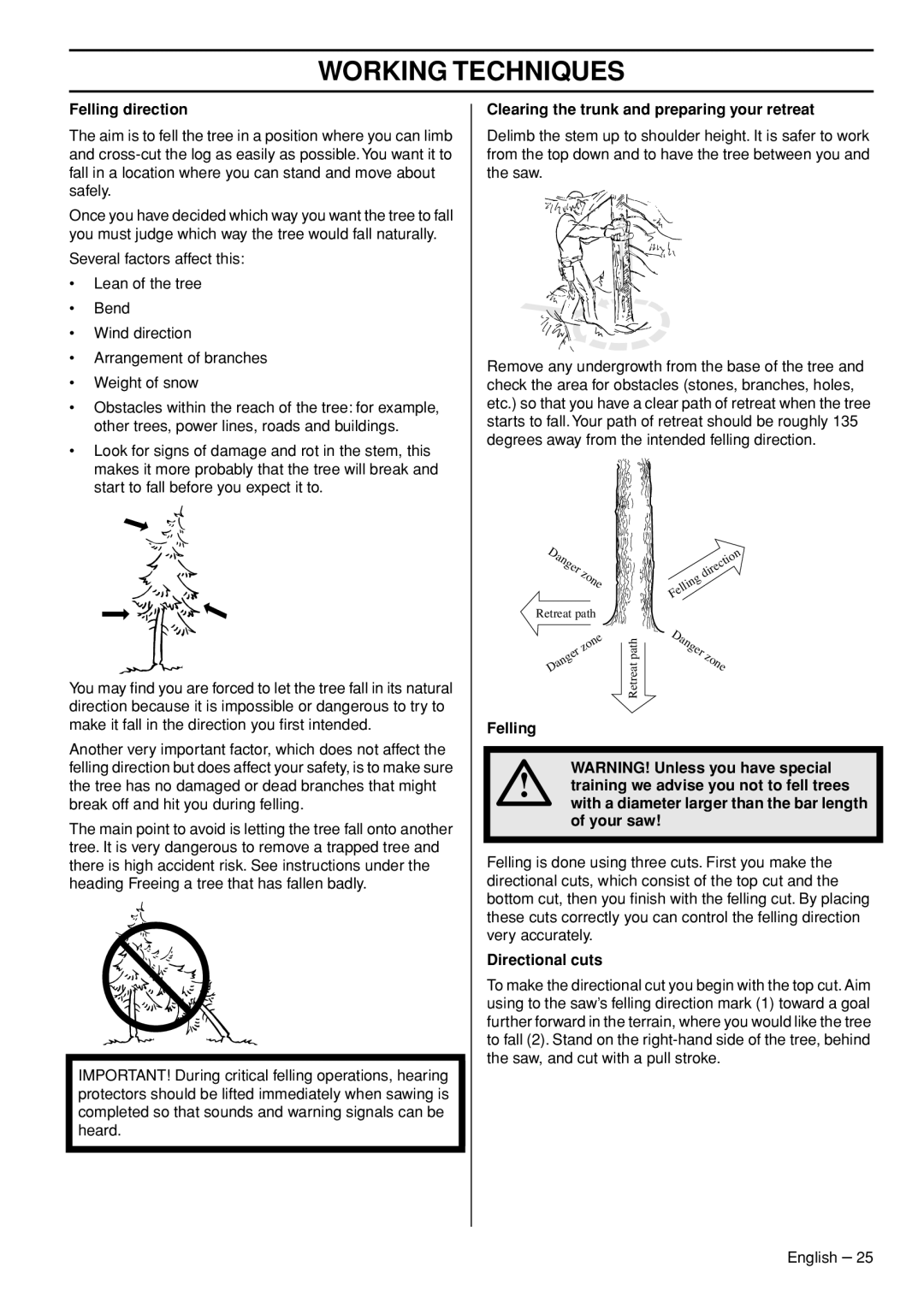 Husqvarna 1151322-95 manual Felling direction, Clearing the trunk and preparing your retreat, Directional cuts 