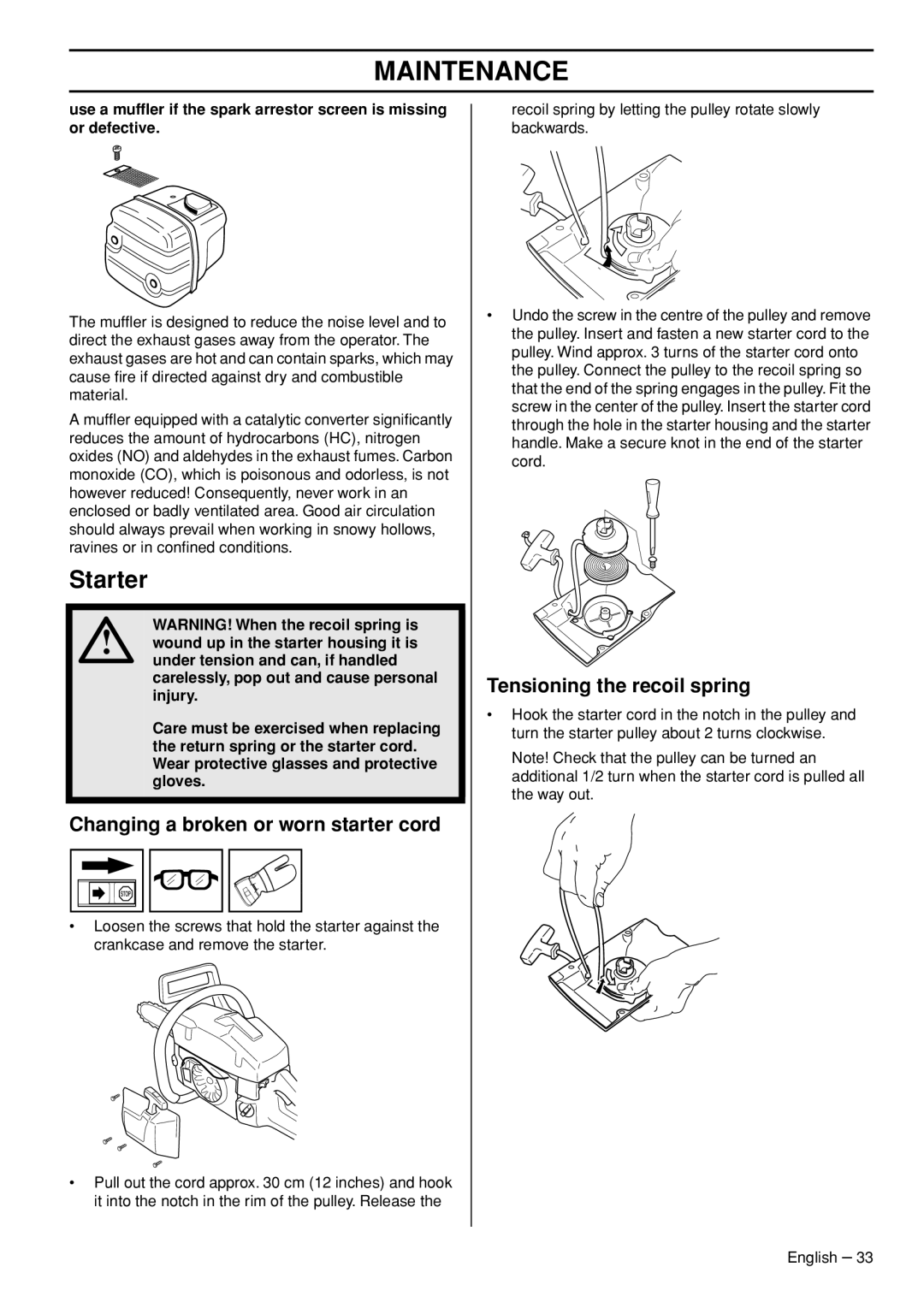 Husqvarna 1151322-95 manual Starter, Changing a broken or worn starter cord, Tensioning the recoil spring 