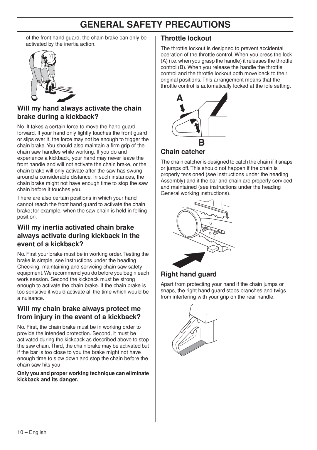 Husqvarna 1151338-95 manual Throttle lockout, Chain catcher, Right hand guard 