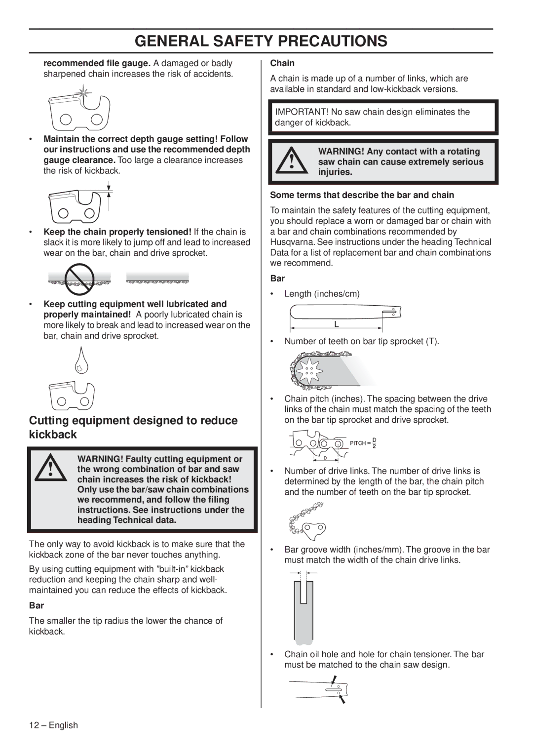 Husqvarna 1151338-95 manual Cutting equipment designed to reduce kickback, Bar, Chain 