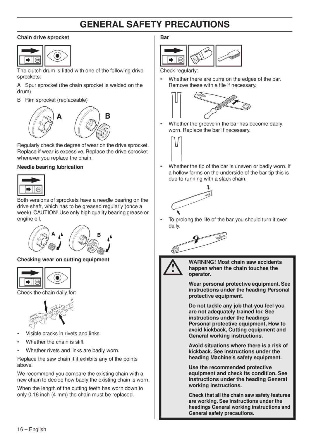 Husqvarna 1151338-95 manual Chain drive sprocket, Needle bearing lubrication, Checking wear on cutting equipment 