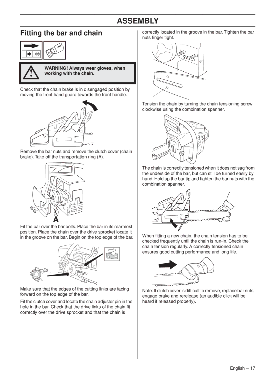 Husqvarna 1151338-95 manual Assembly, Fitting the bar and chain, Working with the chain 