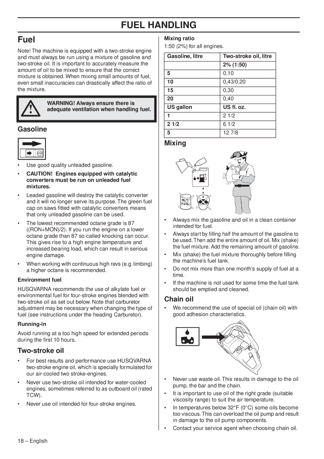 Husqvarna 1151338-95 manual Fuel Handling 