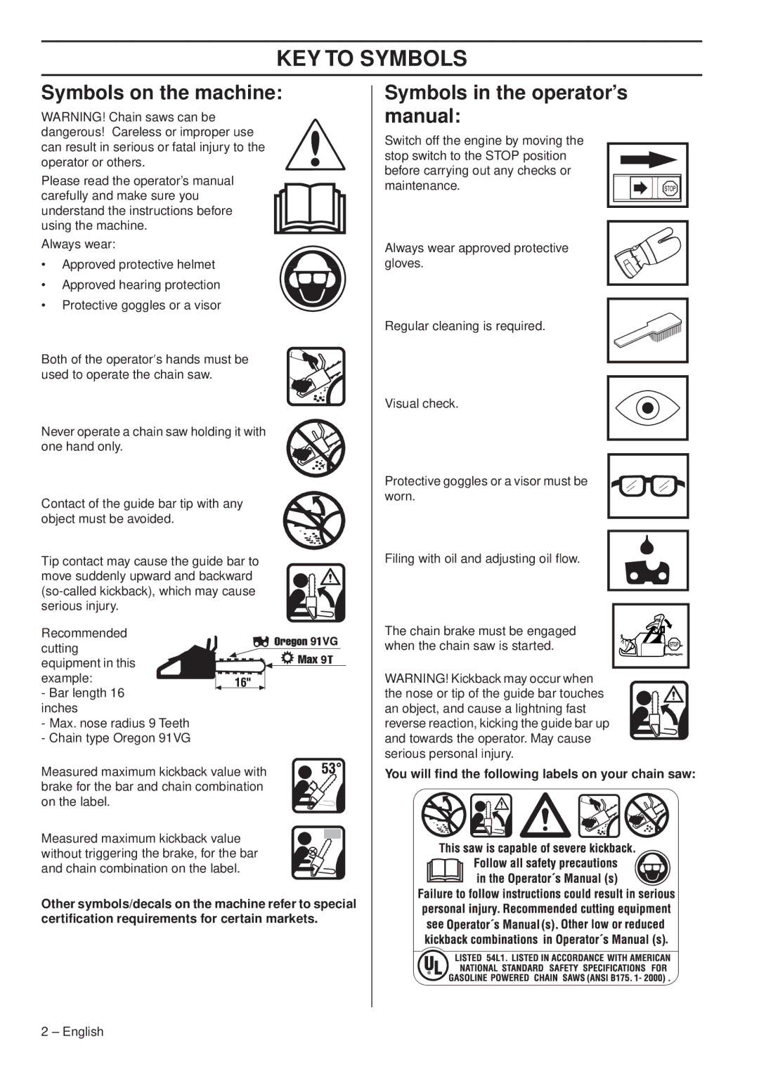 Husqvarna 1151338-95 KEY to Symbols, Symbols on the machine, Symbols in the operator’s manual 