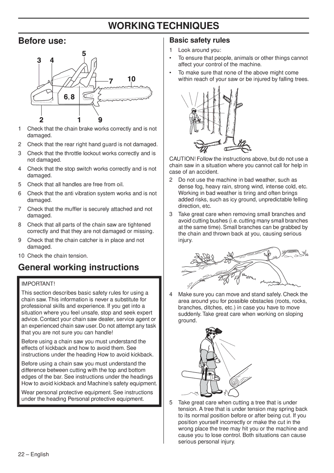 Husqvarna 1151338-95 manual Working Techniques, Before use, General working instructions, Basic safety rules 