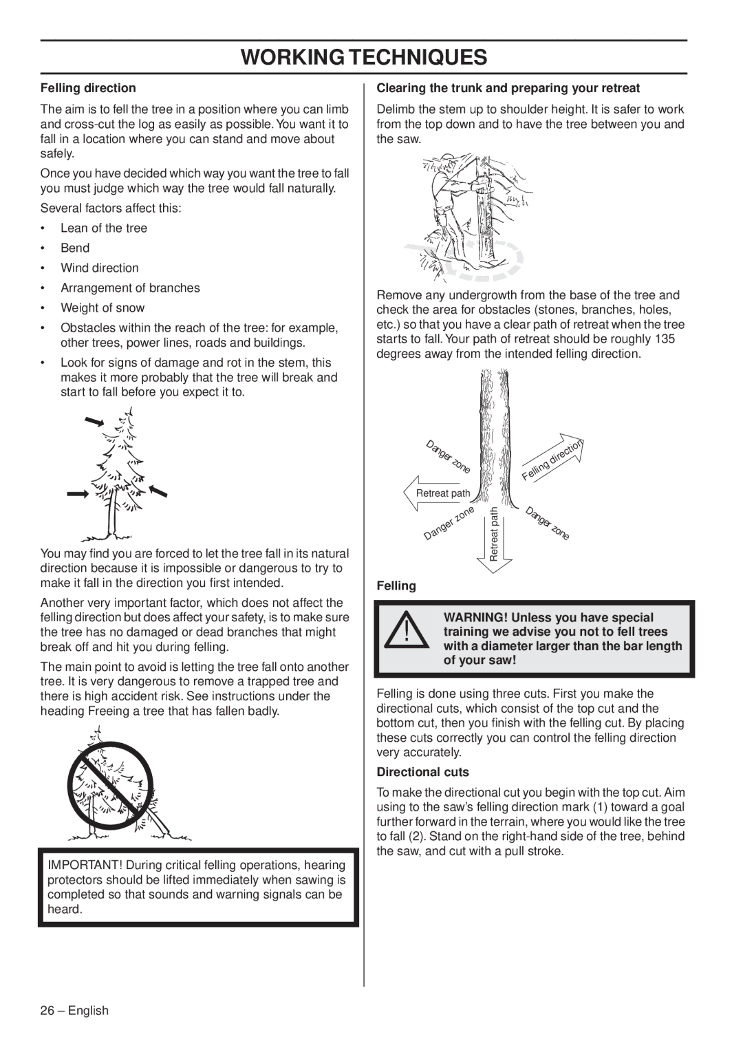 Husqvarna 1151338-95 manual Felling direction, Clearing the trunk and preparing your retreat, Directional cuts 