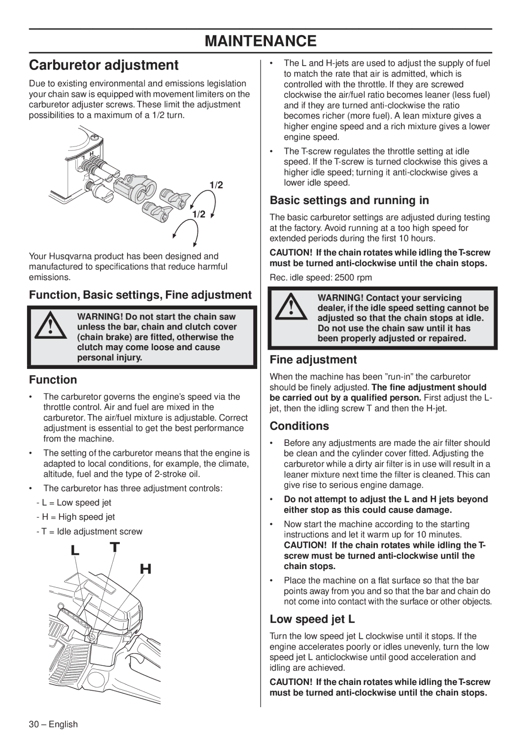 Husqvarna 1151338-95 manual Maintenance, Carburetor adjustment 