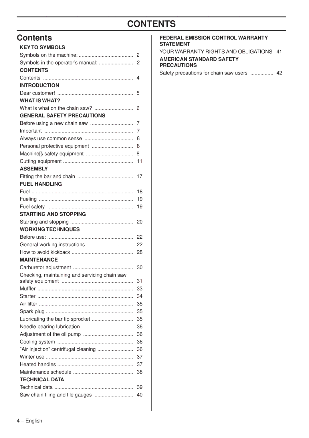 Husqvarna 1151338-95 manual Contents 