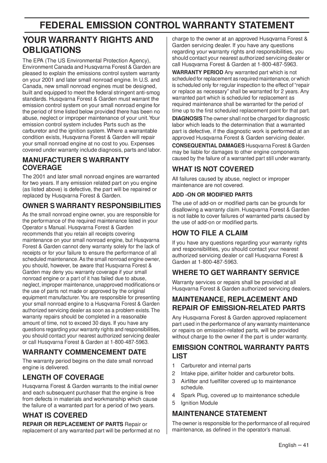 Husqvarna 1151338-95 manual Federal Emission Control Warranty Statement, Your Warranty Rights and Obligations 