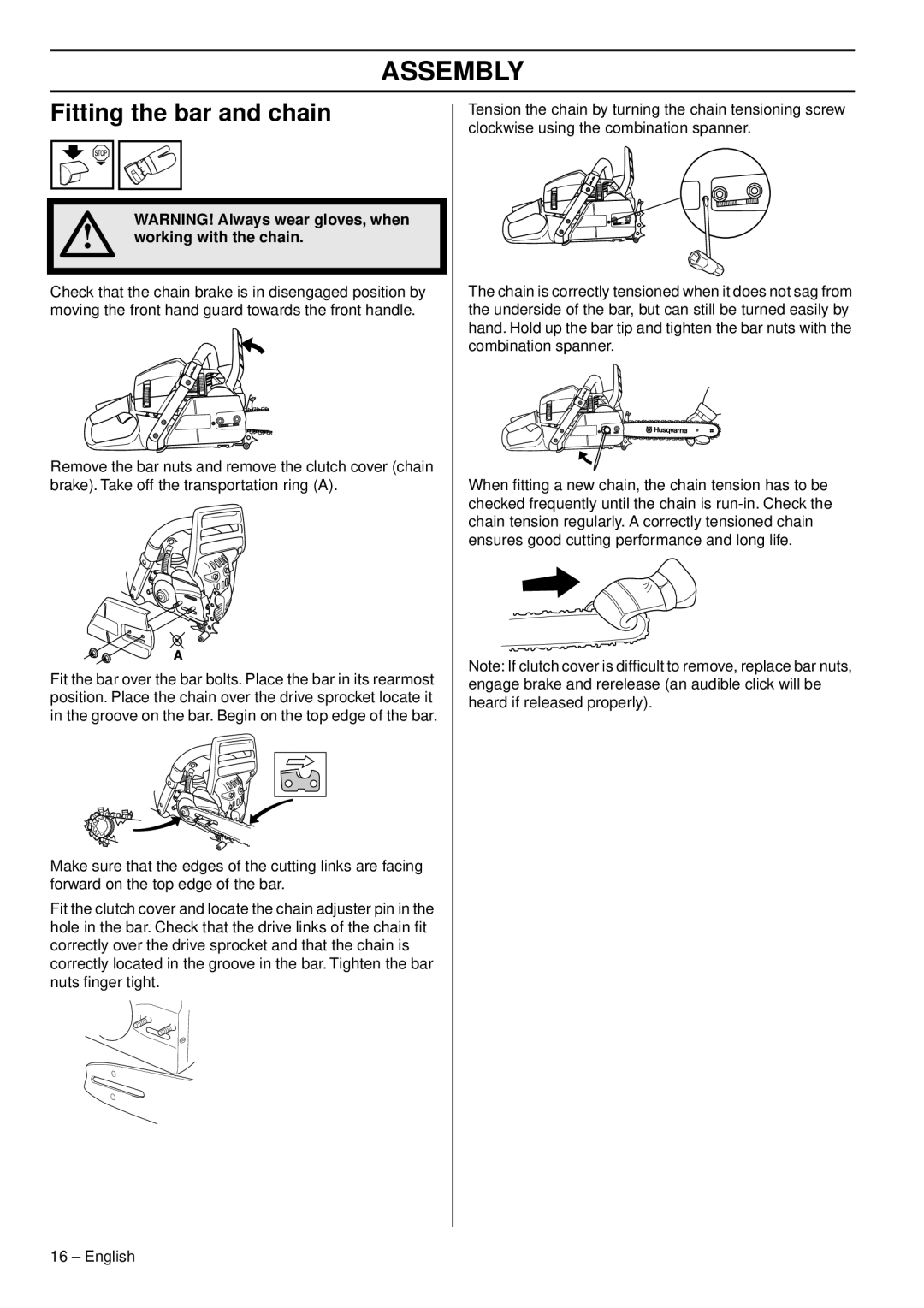 Husqvarna 1151470-95 manual Assembly, Fitting the bar and chain, Working with the chain 