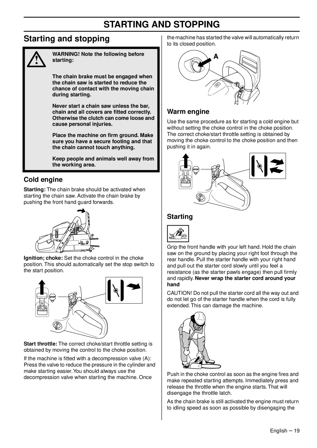 Husqvarna 1151470-95 manual Starting and Stopping, Starting and stopping, Cold engine, Warm engine 