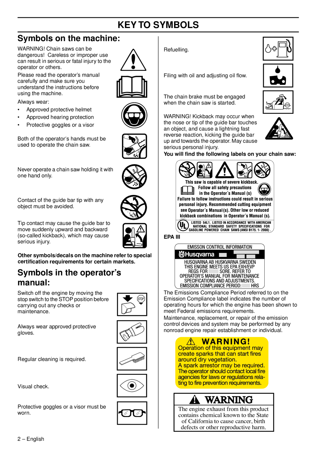 Husqvarna 1151470-95 KEY to Symbols, Symbols on the machine, Symbols in the operator’s manual 