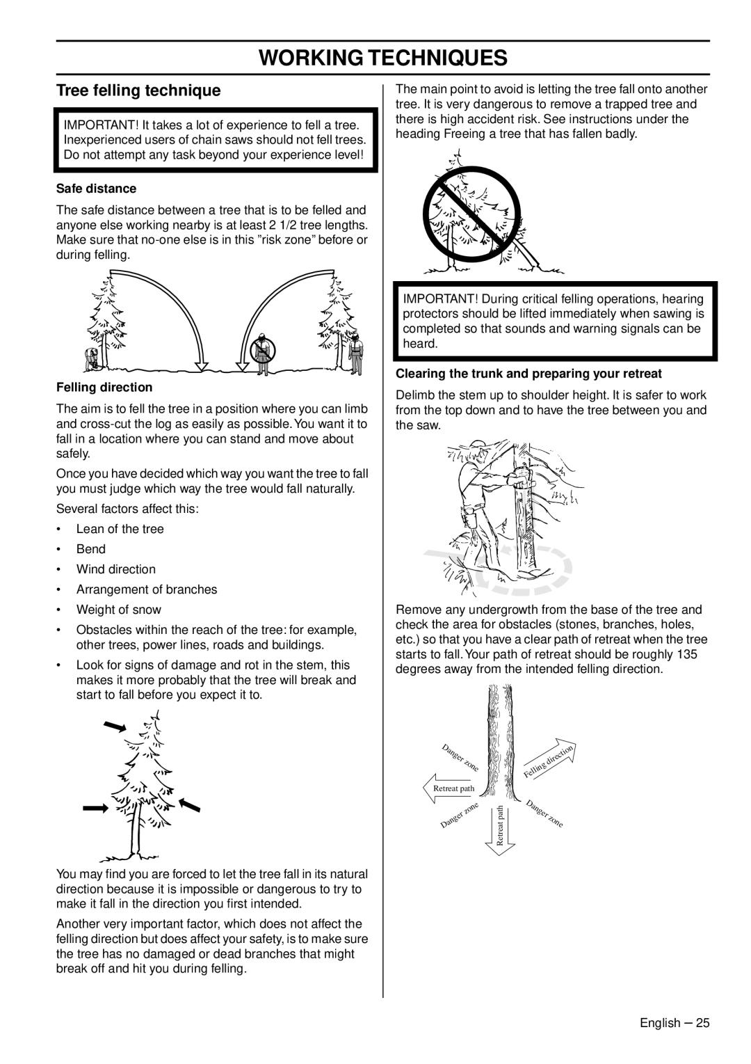 Husqvarna 1151470-95 manual Tree felling technique, Safe distance, Felling direction 