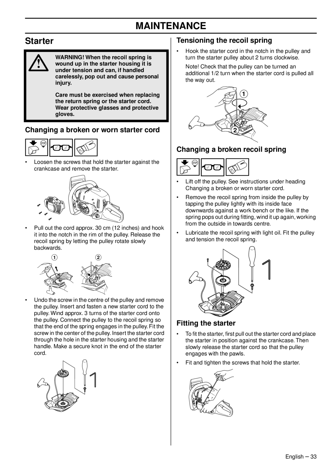 Husqvarna 1151470-95 Starter, Changing a broken or worn starter cord, Tensioning the recoil spring, Fitting the starter 