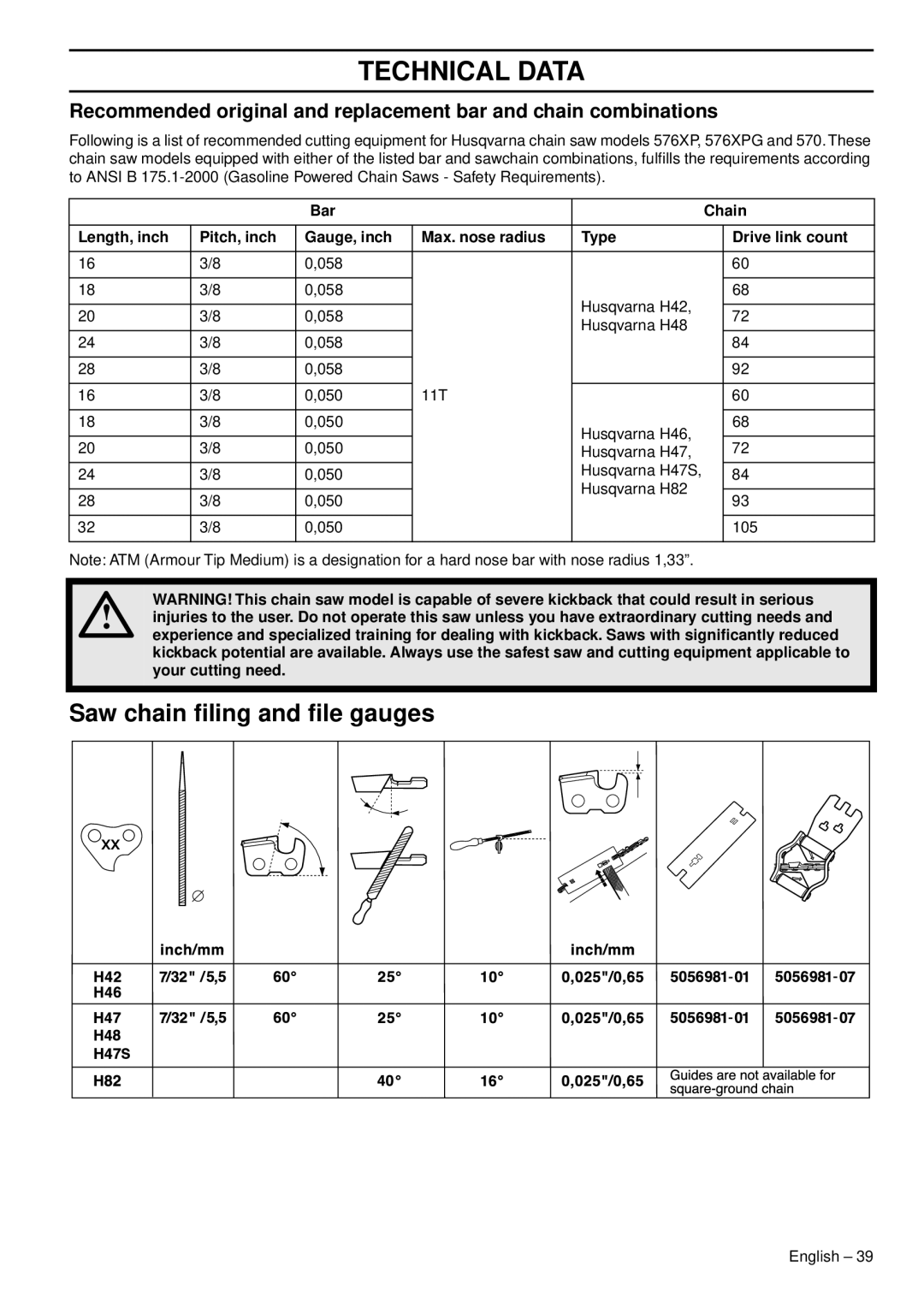 Husqvarna 1151470-95 manual Saw chain ﬁling and ﬁle gauges, Your cutting need 