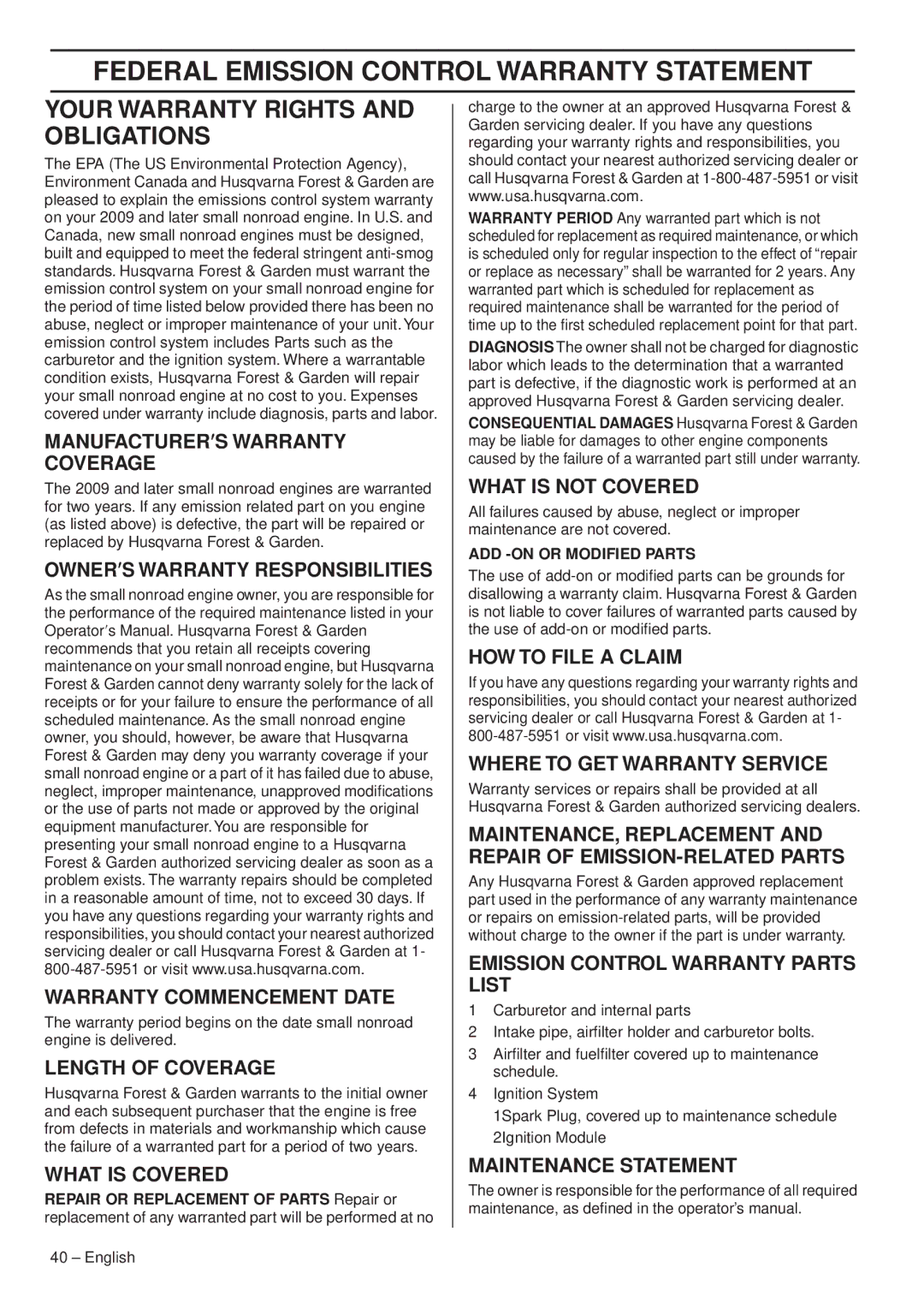 Husqvarna 1151470-95 manual Federal Emission Control Warranty Statement, Your Warranty Rights and Obligations 