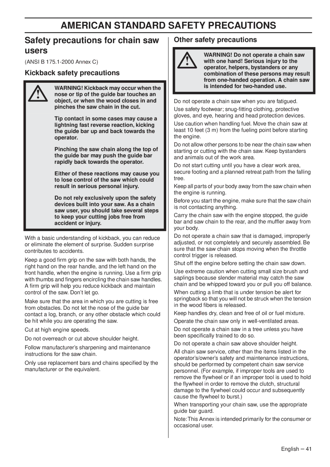 Husqvarna 1151470-95 manual American Standard Safety Precautions, Safety precautions for chain saw users 