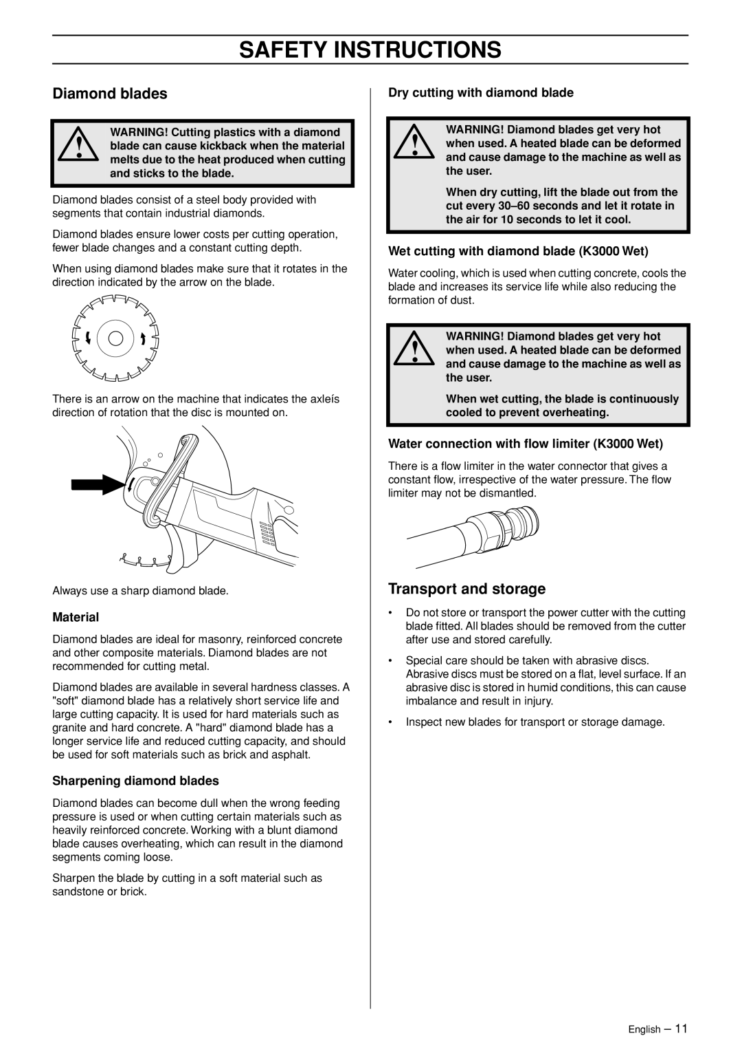 Husqvarna 1152450-26 manual Diamond blades, Transport and storage 