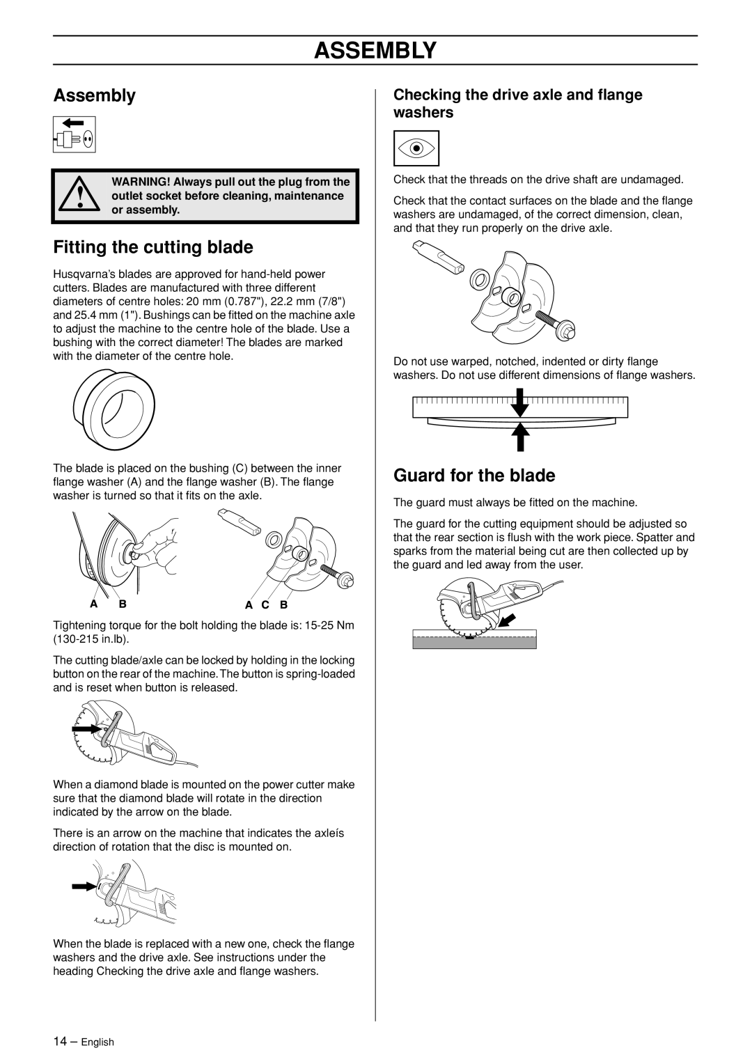 Husqvarna 1152450-26 Assembly, Fitting the cutting blade, Guard for the blade, Checking the drive axle and ﬂange washers 