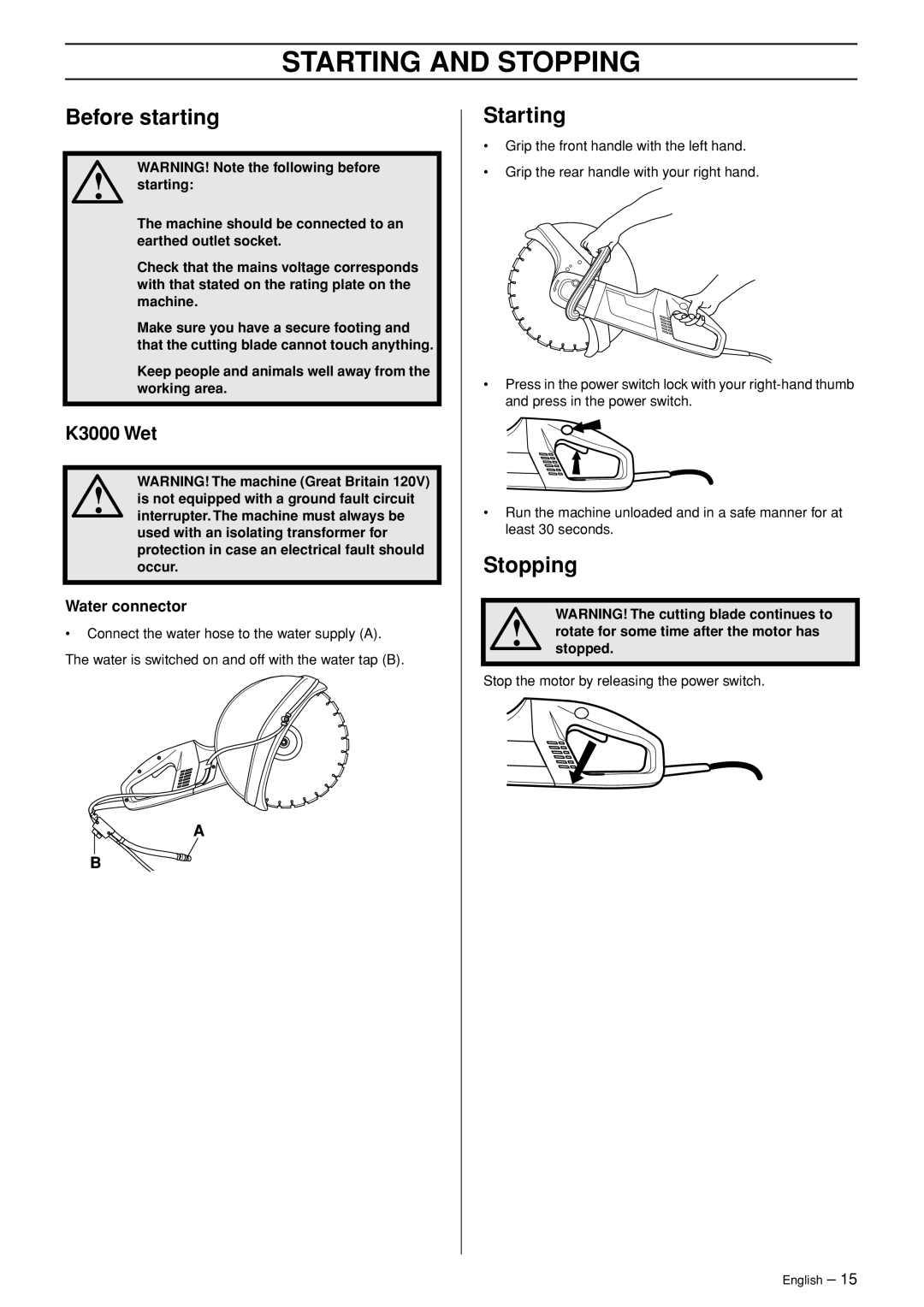 Husqvarna 1152450-26 manual Starting and Stopping, Before starting, K3000 Wet 