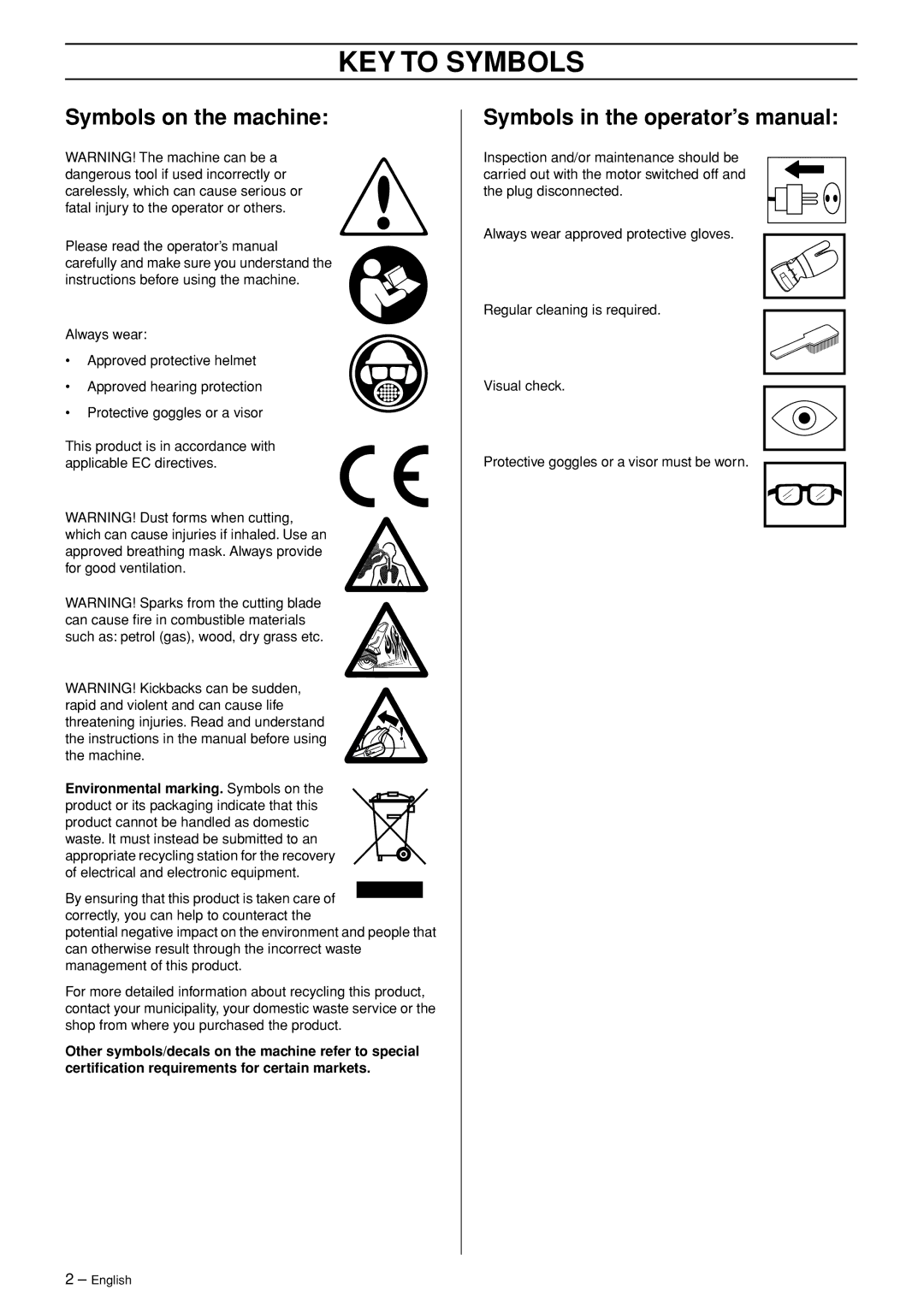 Husqvarna 1152450-26 KEY to Symbols, Symbols on the machine, Symbols in the operator’s manual 