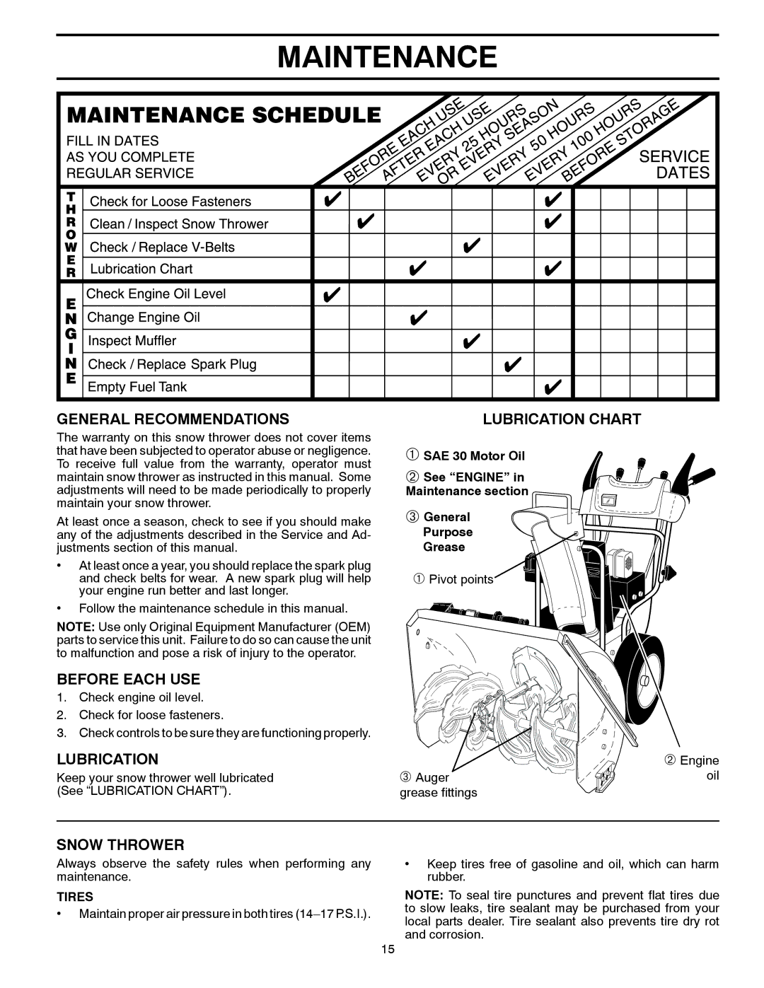 Husqvarna 96193006600, 11524E manual Maintenance, General Recommendations, Before Each USE, Lubrication, Snow Thrower 