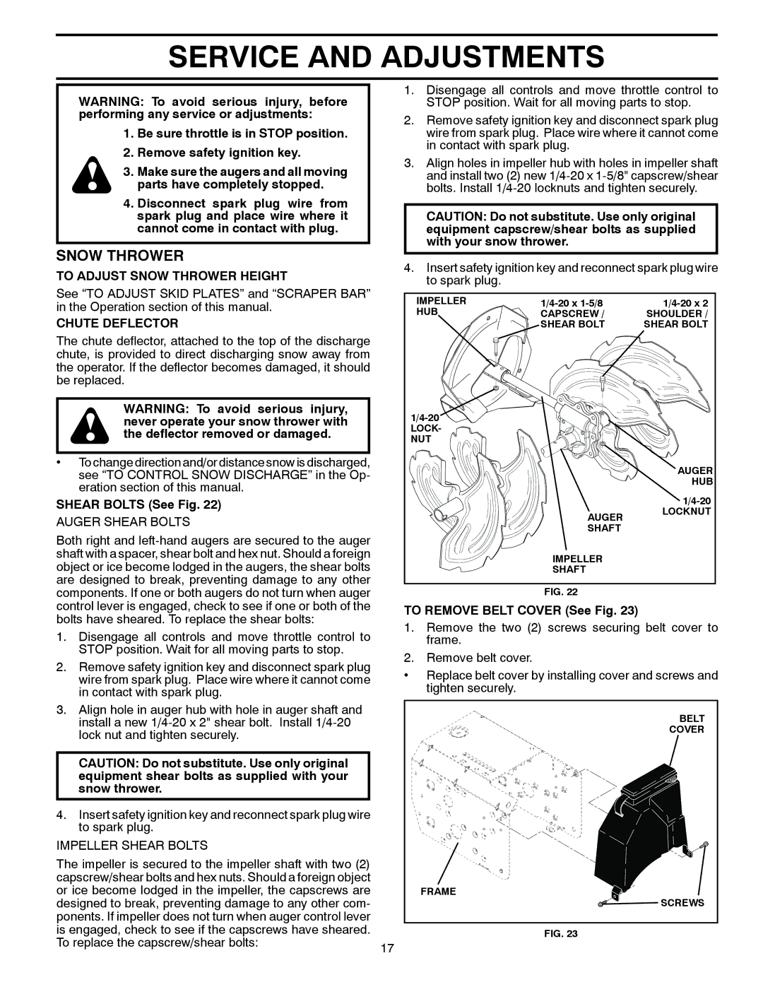 Husqvarna 96193006600, 11524E Service and Adjustments, To Adjust Snow Thrower Height, Chute Deflector, Shear Bolts See Fig 