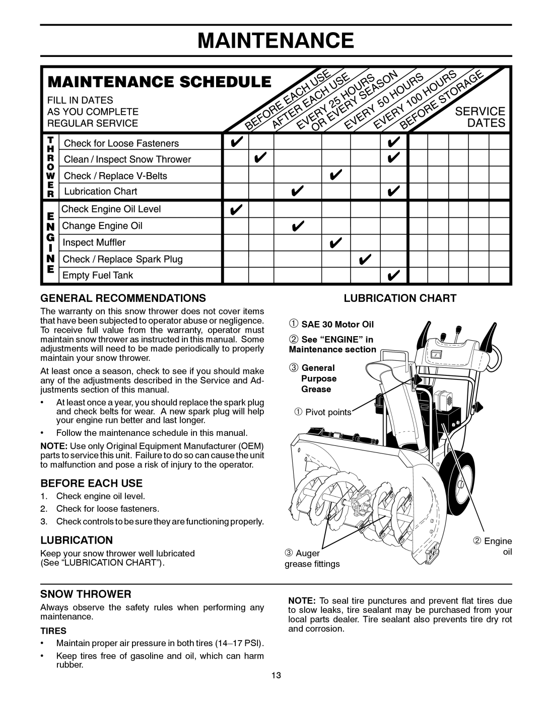 Husqvarna 96193006400 Maintenance, General Recommendations, Before Each Use, Snow Thrower, Lubrication Chart, Tires 