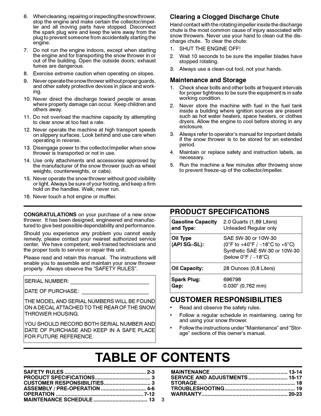 Husqvarna 96193006400 Table Of Contents, Clearing a Clogged Discharge Chute, Maintenance and Storage, Gasoline Capacity 