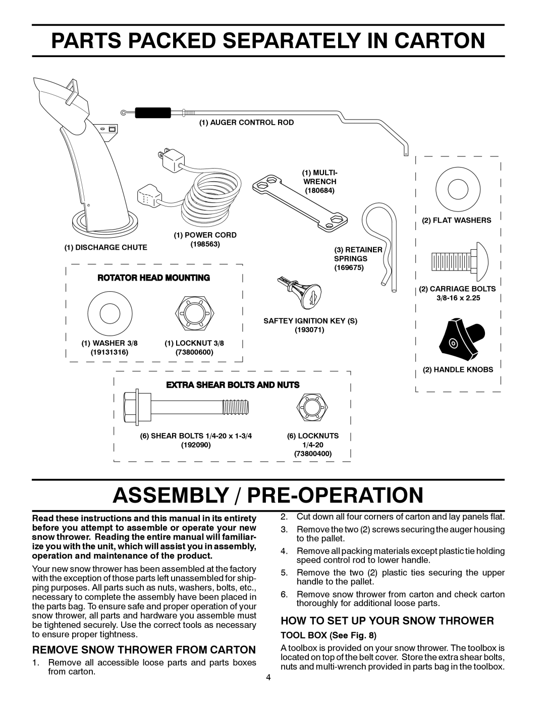 Husqvarna 11527SB manual Parts Packed Separately In Carton, Assembly / Pre-Operation, Remove Snow Thrower From Carton 