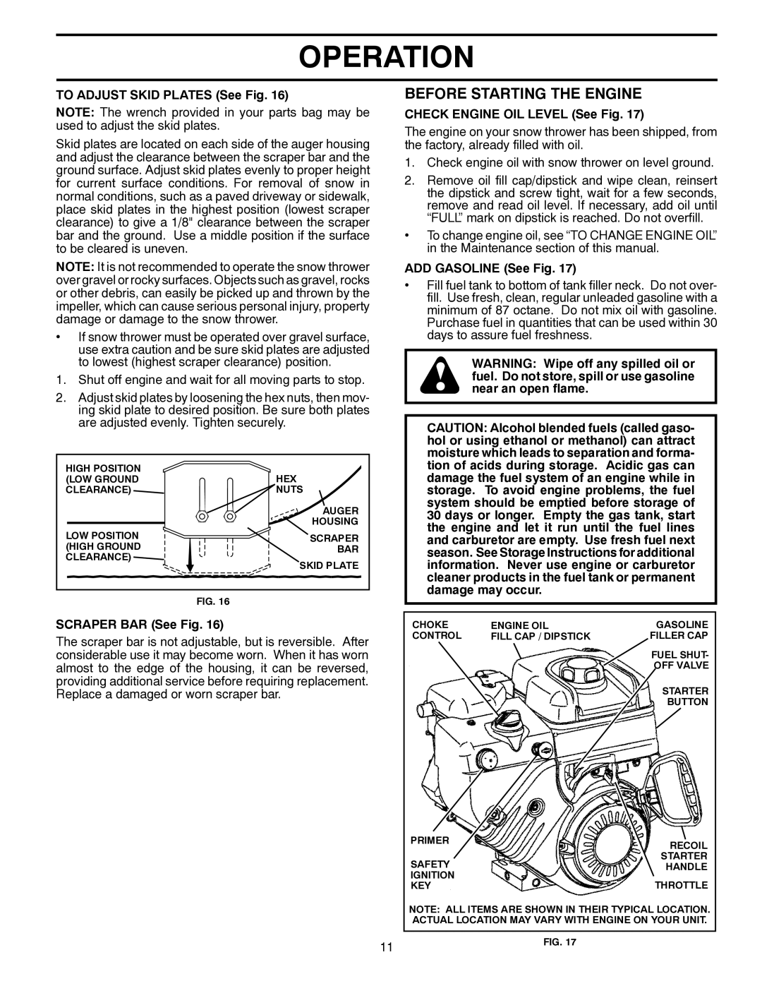 Husqvarna 96193006400 Before Starting the Engine, To Adjust Skid Plates See Fig, Scraper BAR See Fig, ADD Gasoline See Fig 