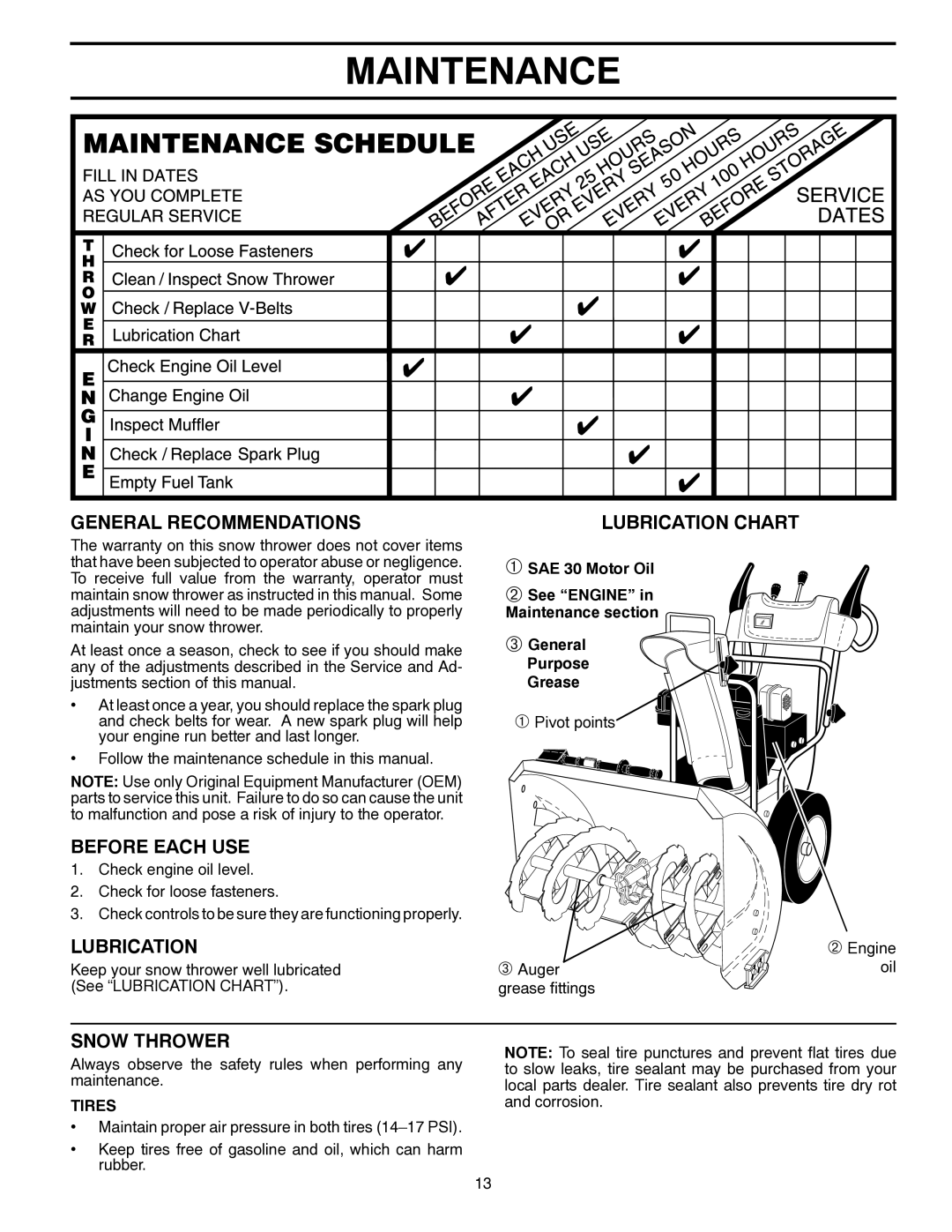 Husqvarna 96193006400, 11527SB manual Maintenance, General Recommendations, Before Each USE, Lubrication, Snow Thrower 