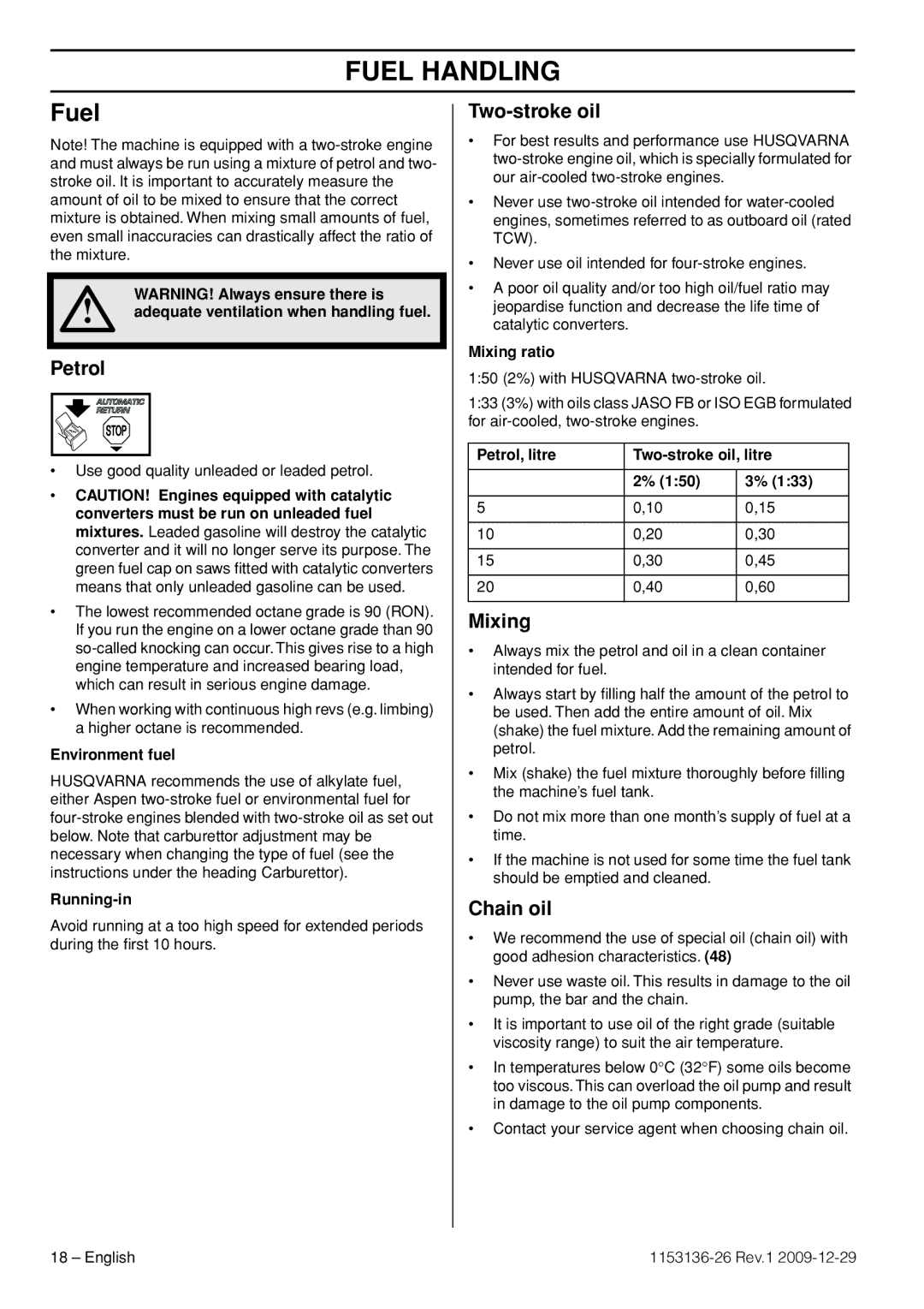 Husqvarna 1153136-26 manual Fuel Handling 