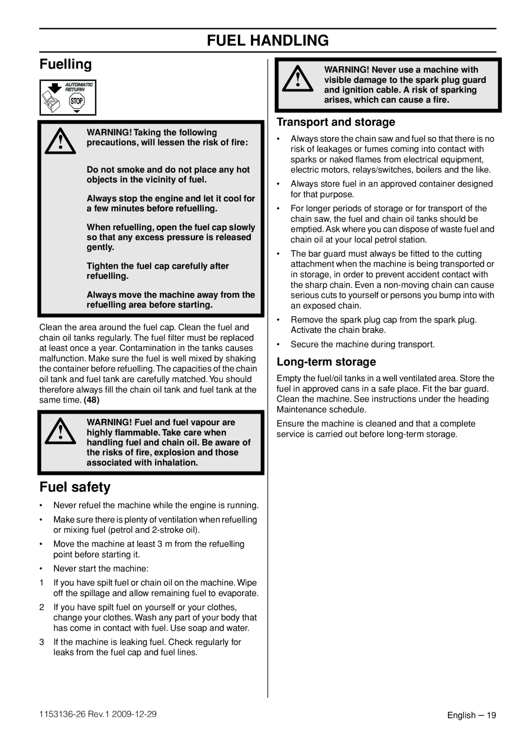 Husqvarna 1153136-26 manual Fuelling, Fuel safety, Transport and storage, Long-term storage 